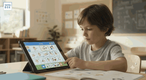 Child using the SENBOX AAC learning app on a tablet